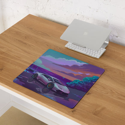 Lamborghini Huracán STO Inspired White Vaporwave Gaming Mouse Pad – Purple Cyan Tropical Waterfront Desk Mat with Dreamy Retro Futuristic Supercar Art