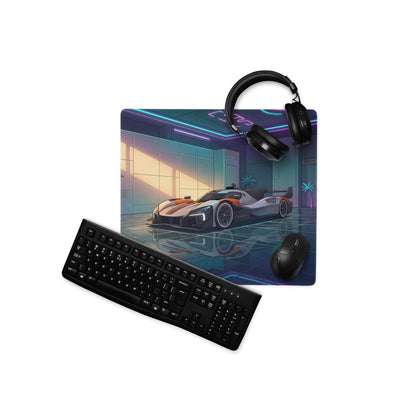 McLaren MCL-HY GTR Inspired White Orange Vaporwave Gaming Mouse Pad – Neon Luxury Garage Desk Mat with Palm Trees and Futuristic Hypercar Digital Art