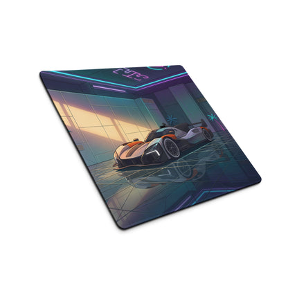 McLaren MCL-HY GTR Inspired White Orange Vaporwave Gaming Mouse Pad – Neon Luxury Garage Desk Mat with Palm Trees and Futuristic Hypercar Digital Art