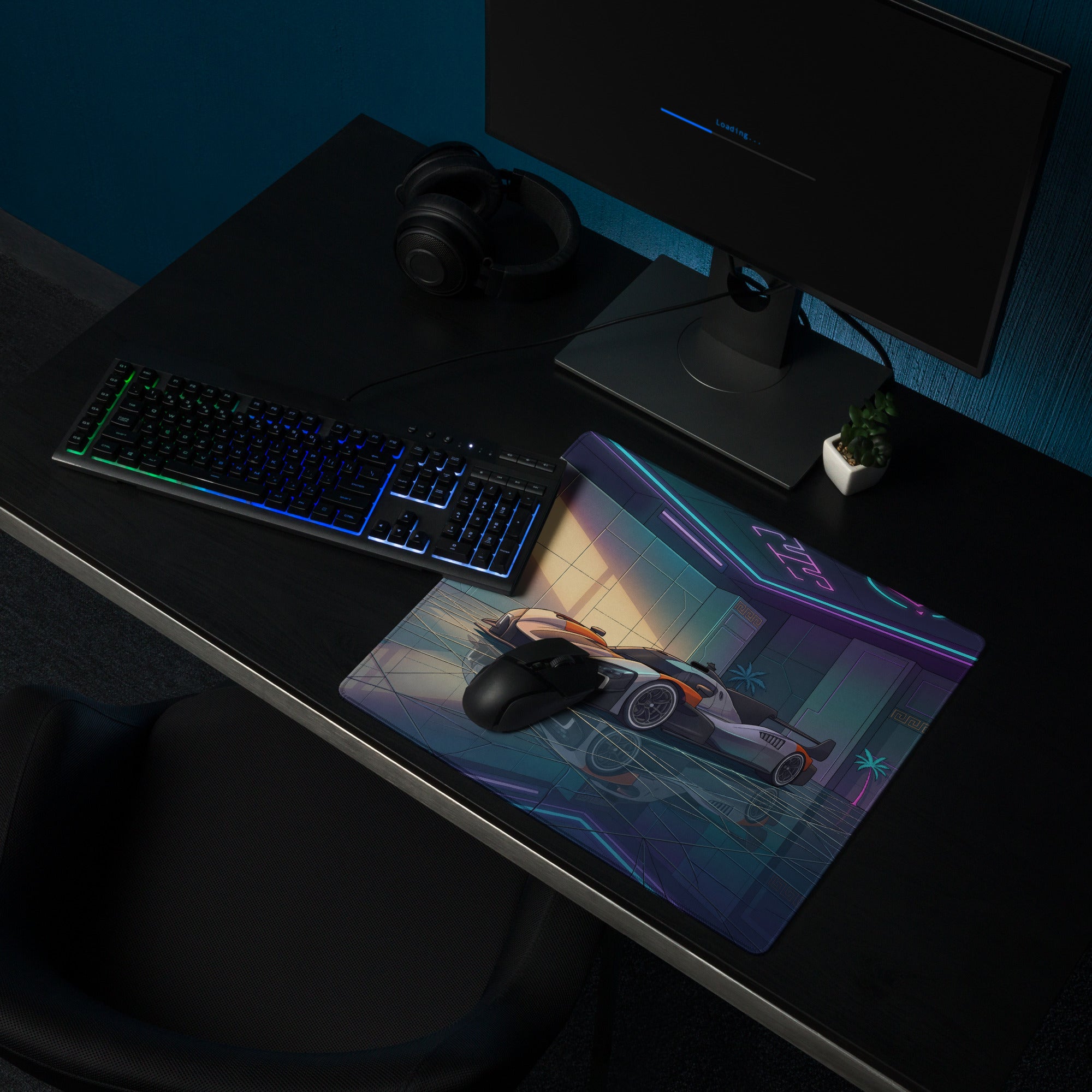 McLaren MCL-HY GTR Inspired White Orange Vaporwave Gaming Mouse Pad – Neon Luxury Garage Desk Mat with Palm Trees and Futuristic Hypercar Digital Art