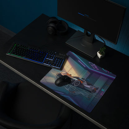McLaren MCL-HY GTR Inspired White Orange Vaporwave Gaming Mouse Pad – Neon Luxury Garage Desk Mat with Palm Trees and Futuristic Hypercar Digital Art