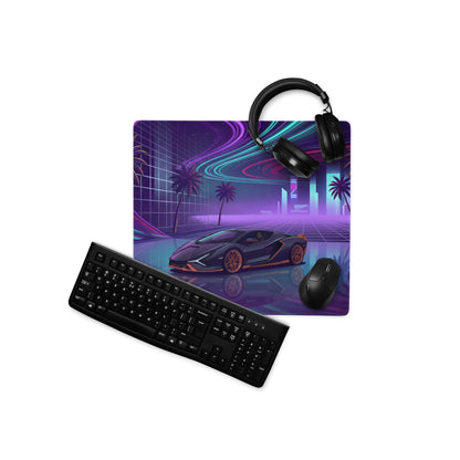 Lamborghini Sián FKP 37 Inspired Black Orange Vaporwave Gaming Mouse Pad – Neon Cyberpunk City Desk Mat with Palm Trees and Futuristic Supercar Art