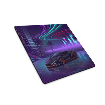 Lamborghini Sián FKP 37 Inspired Black Orange Vaporwave Gaming Mouse Pad – Neon Cyberpunk City Desk Mat with Palm Trees and Futuristic Supercar Art