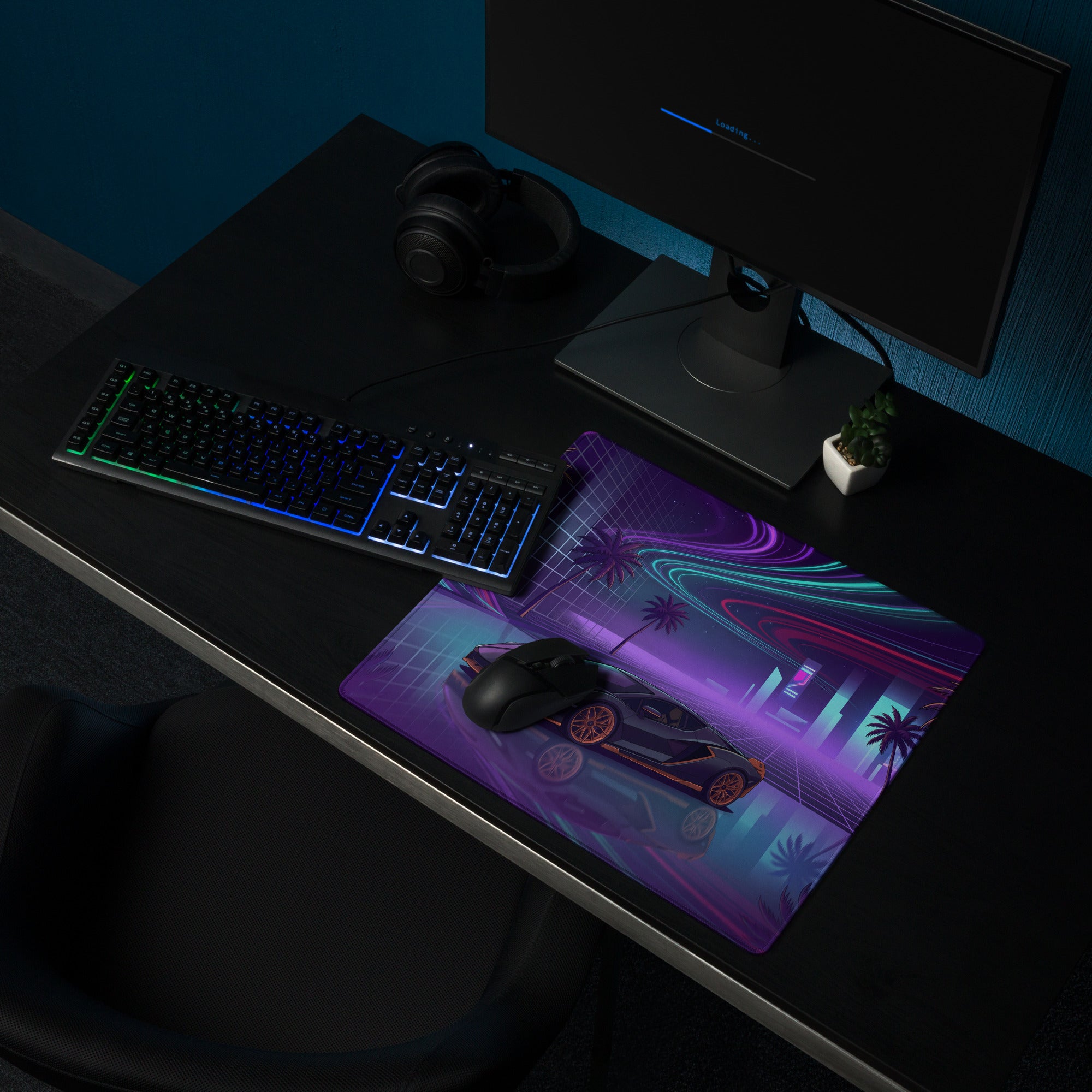 Lamborghini Sián FKP 37 Inspired Black Orange Vaporwave Gaming Mouse Pad – Neon Cyberpunk City Desk Mat with Palm Trees and Futuristic Supercar Art