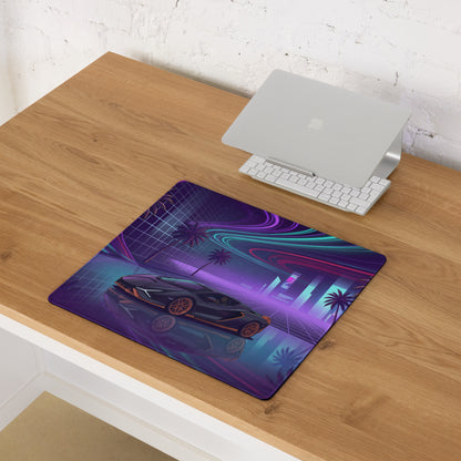 Lamborghini Sián FKP 37 Inspired Black Orange Vaporwave Gaming Mouse Pad – Neon Cyberpunk City Desk Mat with Palm Trees and Futuristic Supercar Art