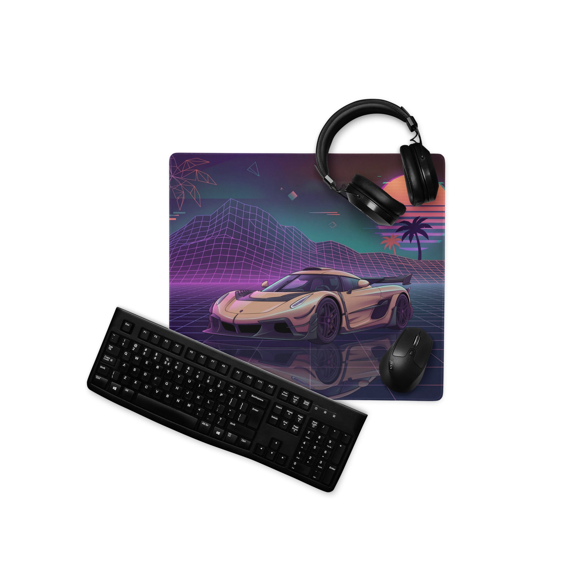 Koenigsegg Jesko Inspired Gold Vaporwave Gaming Mouse Pad – Neon Retro Sunset Grid Desk Mat with Palm Trees and Futuristic Hypercar Digital Art