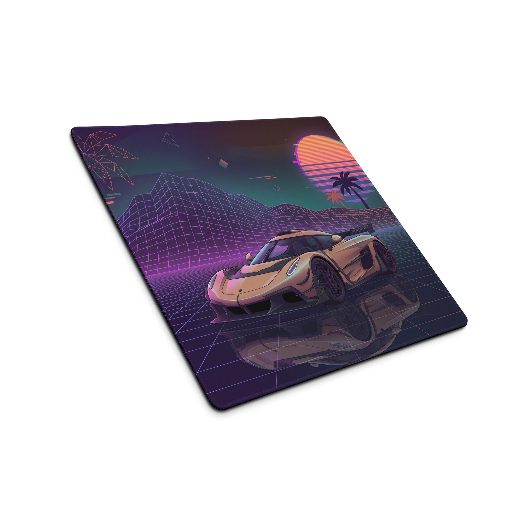 Koenigsegg Jesko Inspired Gold Vaporwave Gaming Mouse Pad – Neon Retro Sunset Grid Desk Mat with Palm Trees and Futuristic Hypercar Digital Art