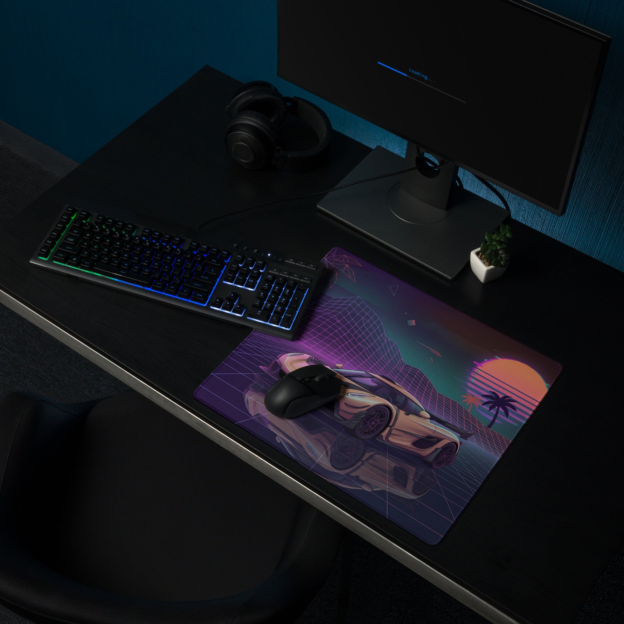 Koenigsegg Jesko Inspired Gold Vaporwave Gaming Mouse Pad – Neon Retro Sunset Grid Desk Mat with Palm Trees and Futuristic Hypercar Digital Art