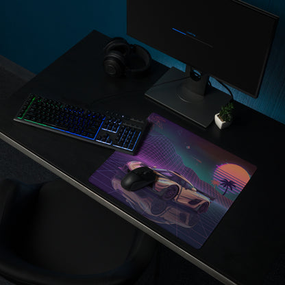 Koenigsegg Jesko Inspired Gold Vaporwave Gaming Mouse Pad – Neon Retro Sunset Grid Desk Mat with Palm Trees and Futuristic Hypercar Digital Art