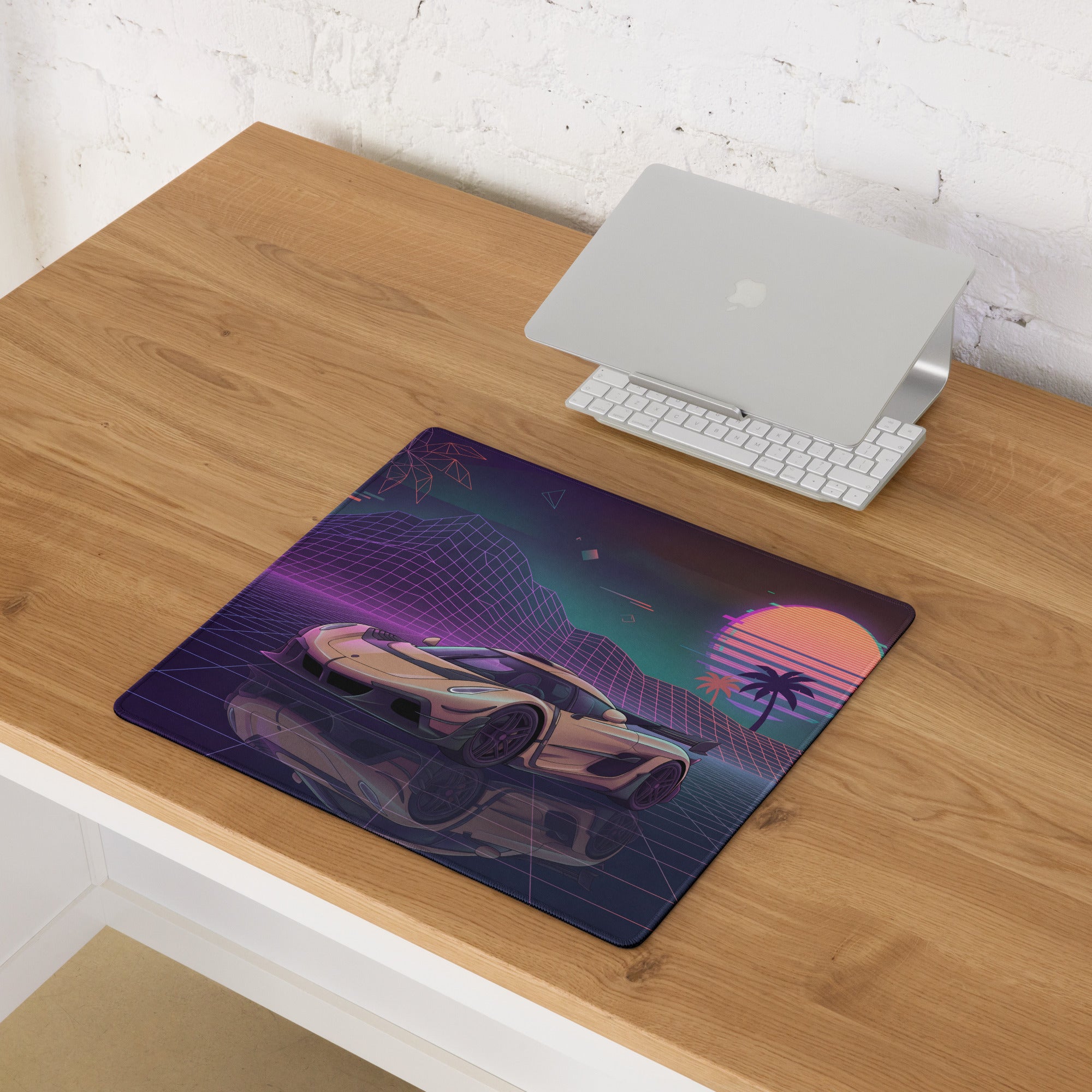 Koenigsegg Jesko Inspired Gold Vaporwave Gaming Mouse Pad – Neon Retro Sunset Grid Desk Mat with Palm Trees and Futuristic Hypercar Digital Art