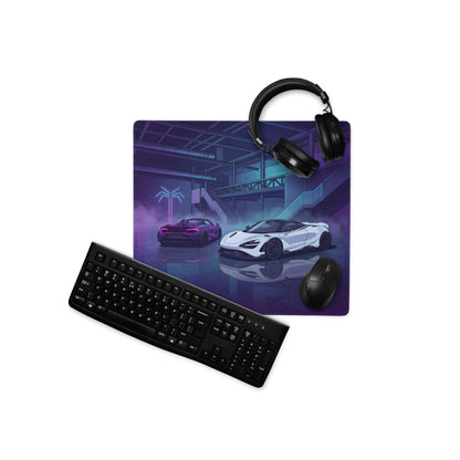 McLaren 765LT Inspired White Purple Vaporwave Gaming Mouse Pad – Neon Cyberpunk Garage Desk Mat with Twin Supercars and Futuristic Digital Art