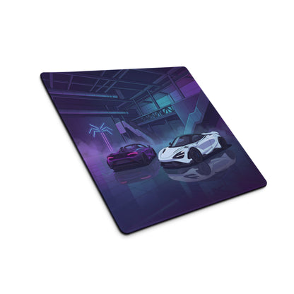 McLaren 765LT Inspired White Purple Vaporwave Gaming Mouse Pad – Neon Cyberpunk Garage Desk Mat with Twin Supercars and Futuristic Digital Art