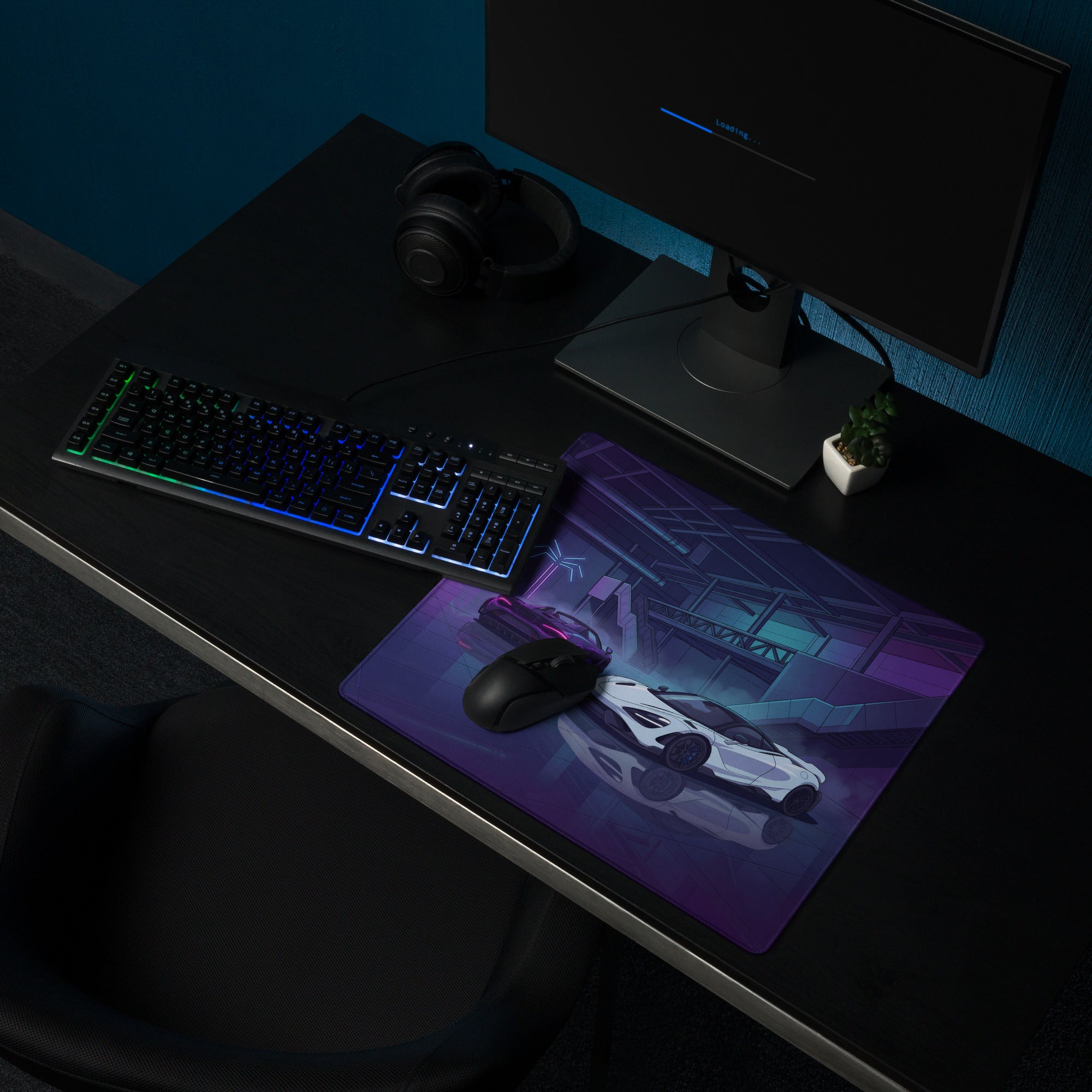 McLaren 765LT Inspired White Purple Vaporwave Gaming Mouse Pad – Neon Cyberpunk Garage Desk Mat with Twin Supercars and Futuristic Digital Art