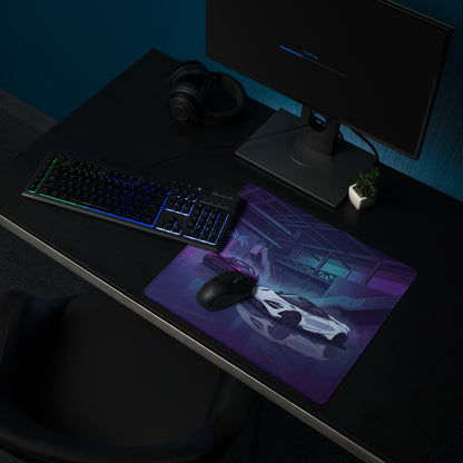 McLaren 765LT Inspired White Purple Vaporwave Gaming Mouse Pad – Neon Cyberpunk Garage Desk Mat with Twin Supercars and Futuristic Digital Art