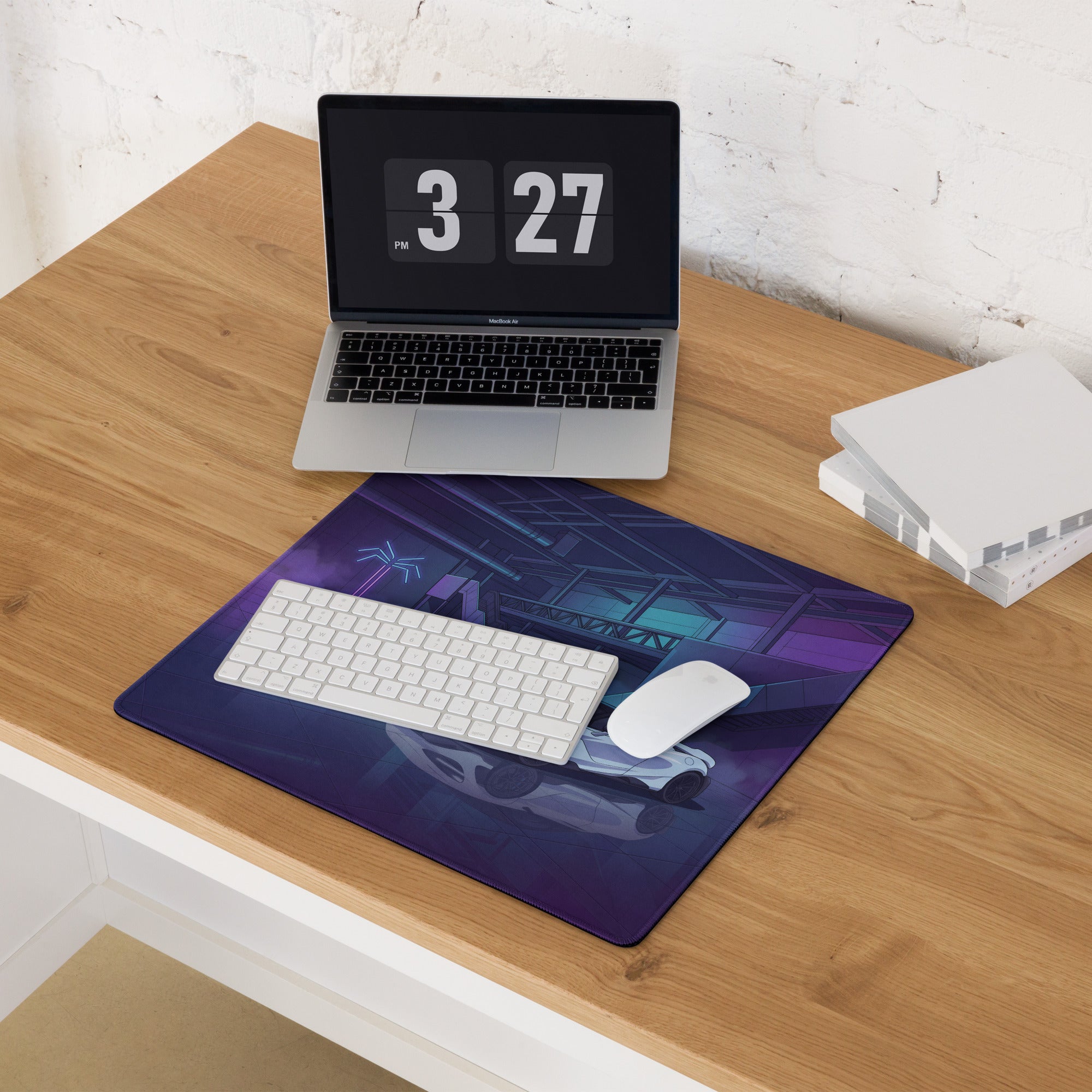McLaren 765LT Inspired White Purple Vaporwave Gaming Mouse Pad – Neon Cyberpunk Garage Desk Mat with Twin Supercars and Futuristic Digital Art