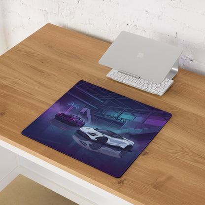 McLaren 765LT Inspired White Purple Vaporwave Gaming Mouse Pad – Neon Cyberpunk Garage Desk Mat with Twin Supercars and Futuristic Digital Art