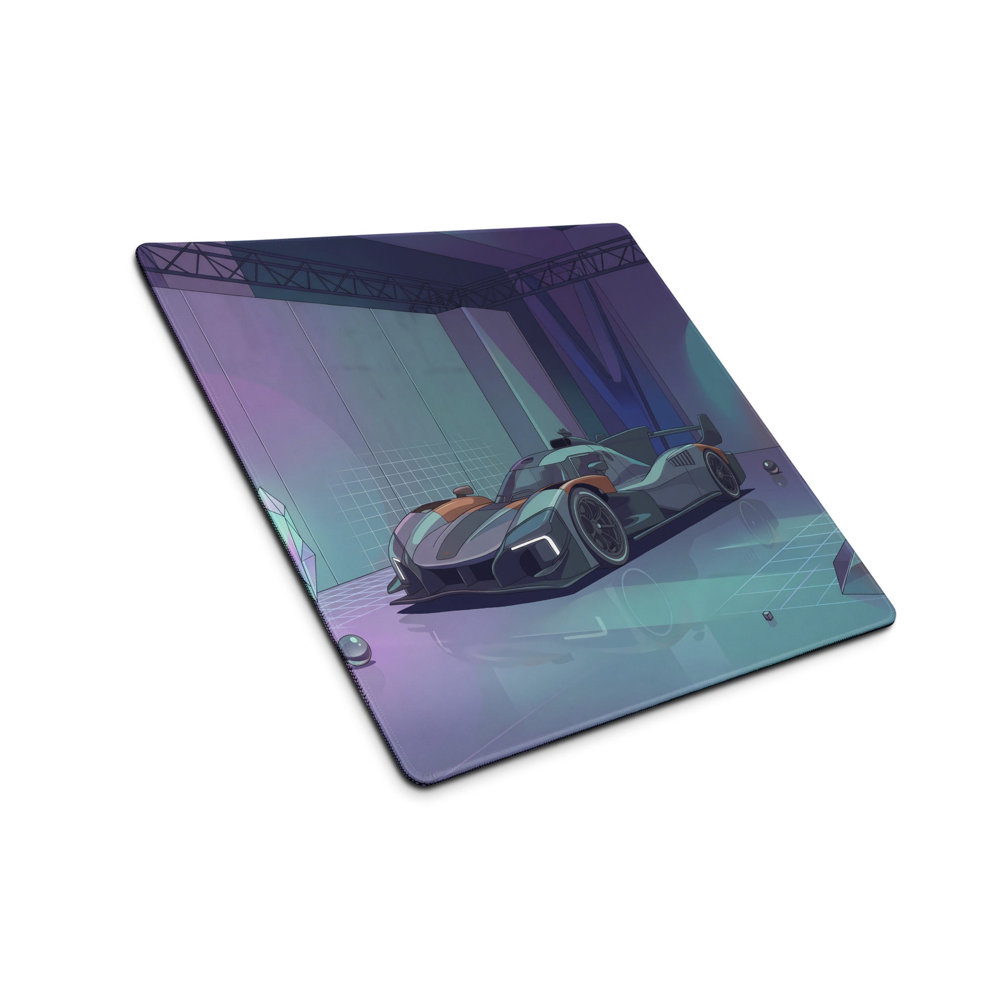McLaren MCL-HY GTR Inspired Silver Orange Vaporwave Gaming Mouse Pad – Futuristic Neon Showroom Desk Mat with Geometric Crystals and Hypercar Digital Art