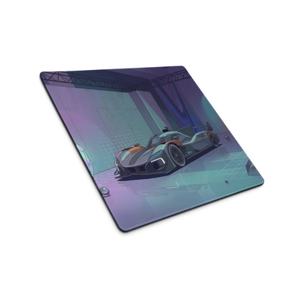 McLaren MCL-HY GTR Inspired Silver Orange Vaporwave Gaming Mouse Pad – Futuristic Neon Showroom Desk Mat with Geometric Crystals and Hypercar Digital Art