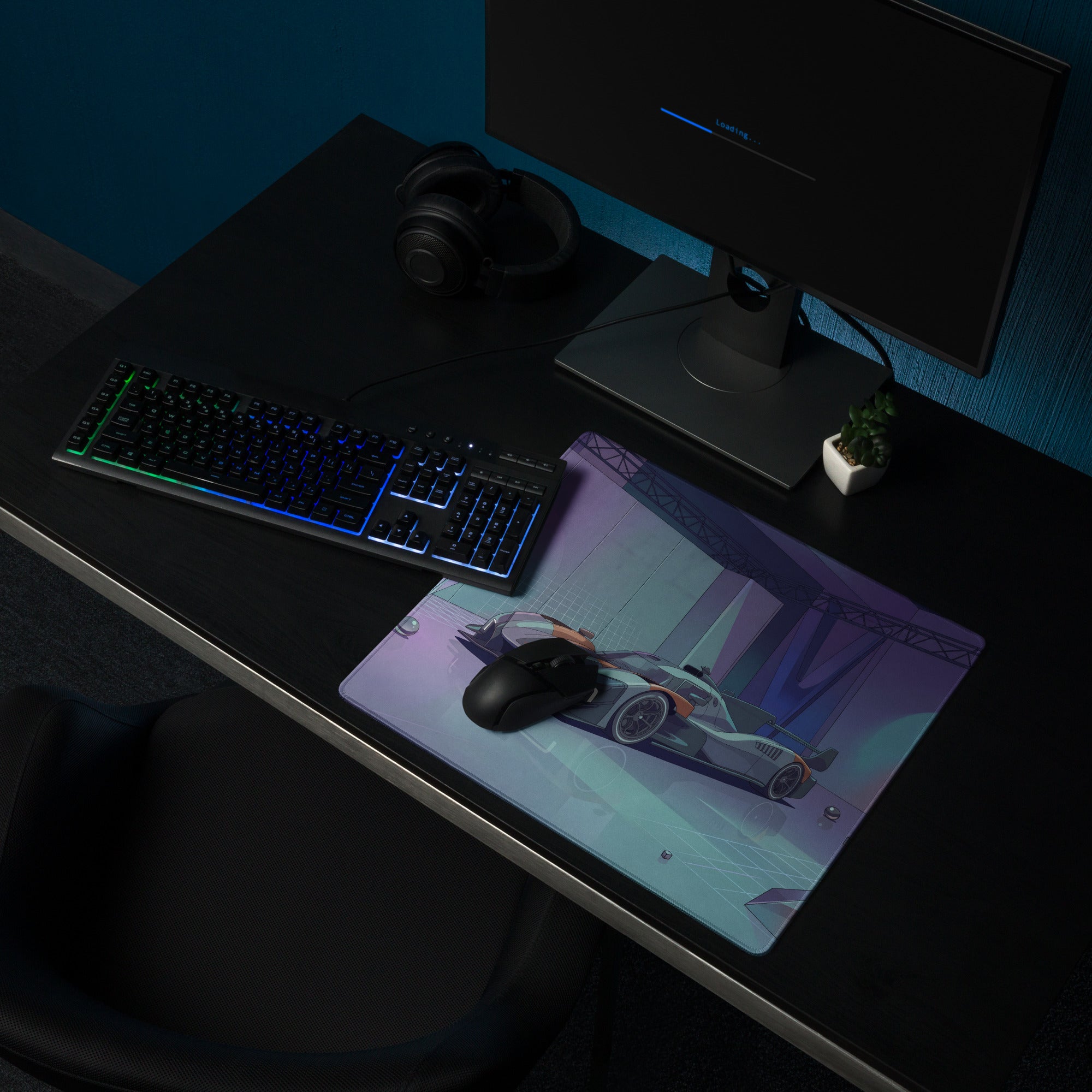 McLaren MCL-HY GTR Inspired Silver Orange Vaporwave Gaming Mouse Pad – Futuristic Neon Showroom Desk Mat with Geometric Crystals and Hypercar Digital Art