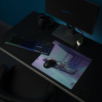 McLaren MCL-HY GTR Inspired Silver Orange Vaporwave Gaming Mouse Pad – Futuristic Neon Showroom Desk Mat with Geometric Crystals and Hypercar Digital Art