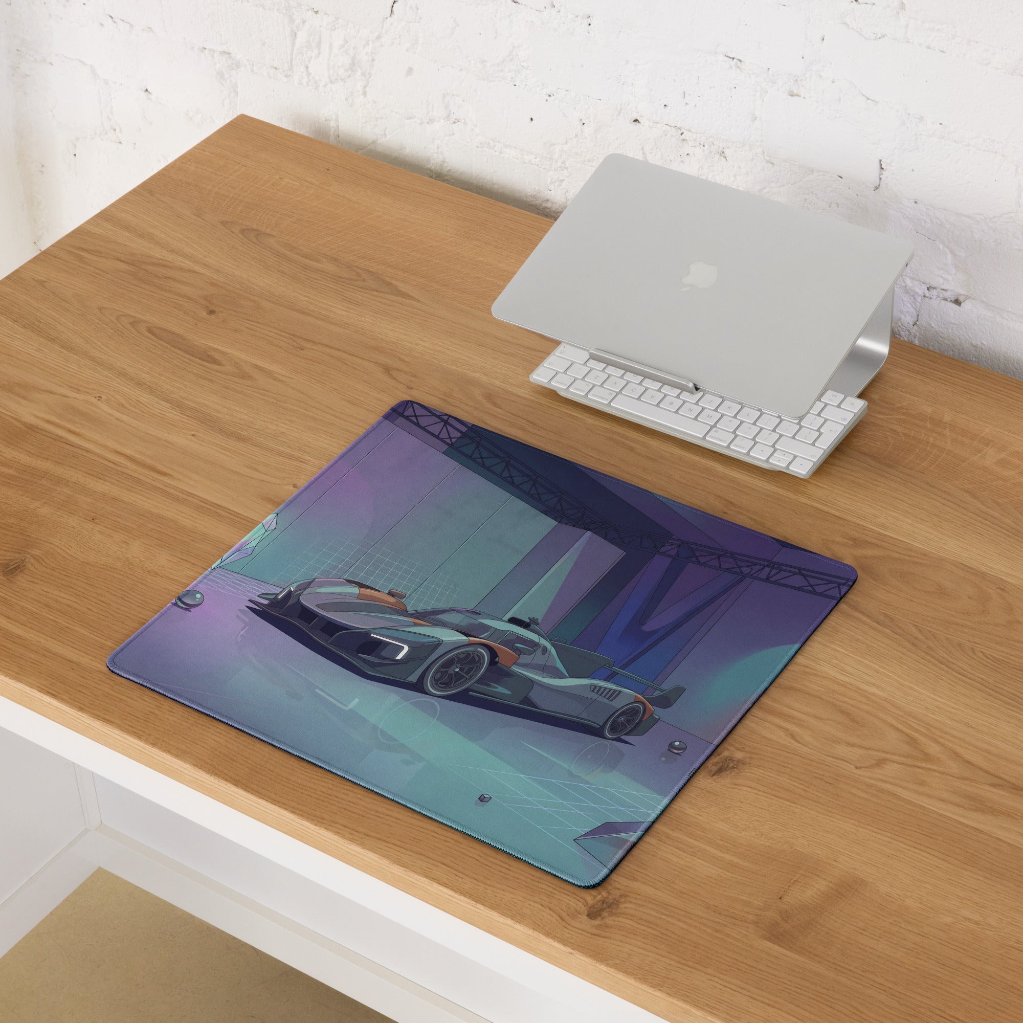 McLaren MCL-HY GTR Inspired Silver Orange Vaporwave Gaming Mouse Pad – Futuristic Neon Showroom Desk Mat with Geometric Crystals and Hypercar Digital Art