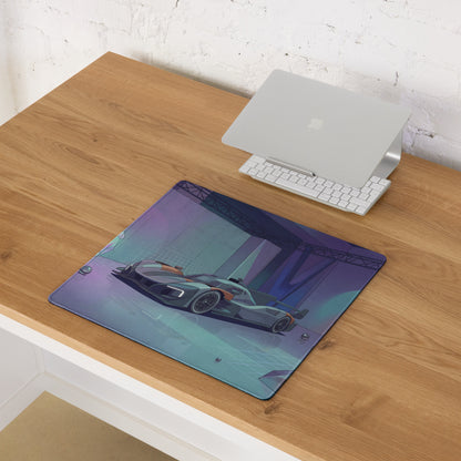 McLaren MCL-HY GTR Inspired Silver Orange Vaporwave Gaming Mouse Pad – Futuristic Neon Showroom Desk Mat with Geometric Crystals and Hypercar Digital Art