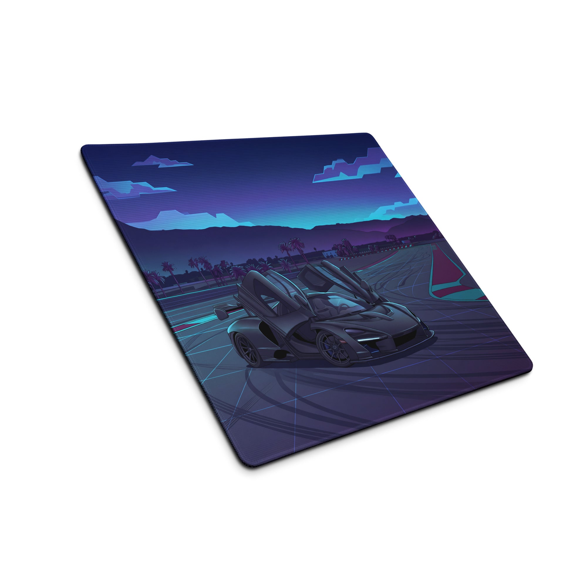McLaren Senna Inspired Black Blue Vaporwave Gaming Mouse Pad – Neon Racetrack Desk Mat with Raised Doors, Palm Trees and Retro Futuristic Supercar Art