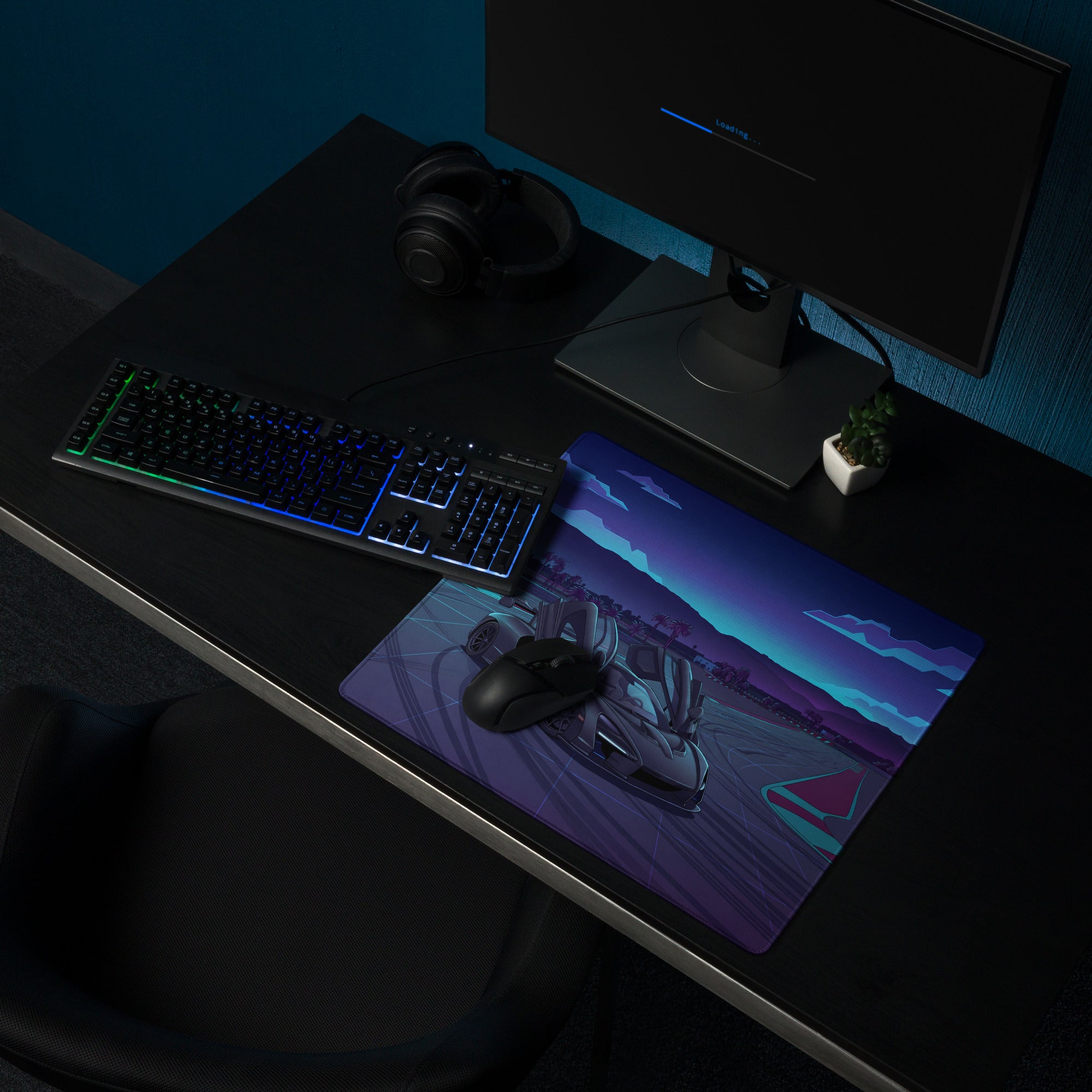 McLaren Senna Inspired Black Blue Vaporwave Gaming Mouse Pad – Neon Racetrack Desk Mat with Raised Doors, Palm Trees and Retro Futuristic Supercar Art