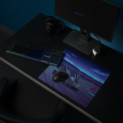 McLaren Senna Inspired Black Blue Vaporwave Gaming Mouse Pad – Neon Racetrack Desk Mat with Raised Doors, Palm Trees and Retro Futuristic Supercar Art
