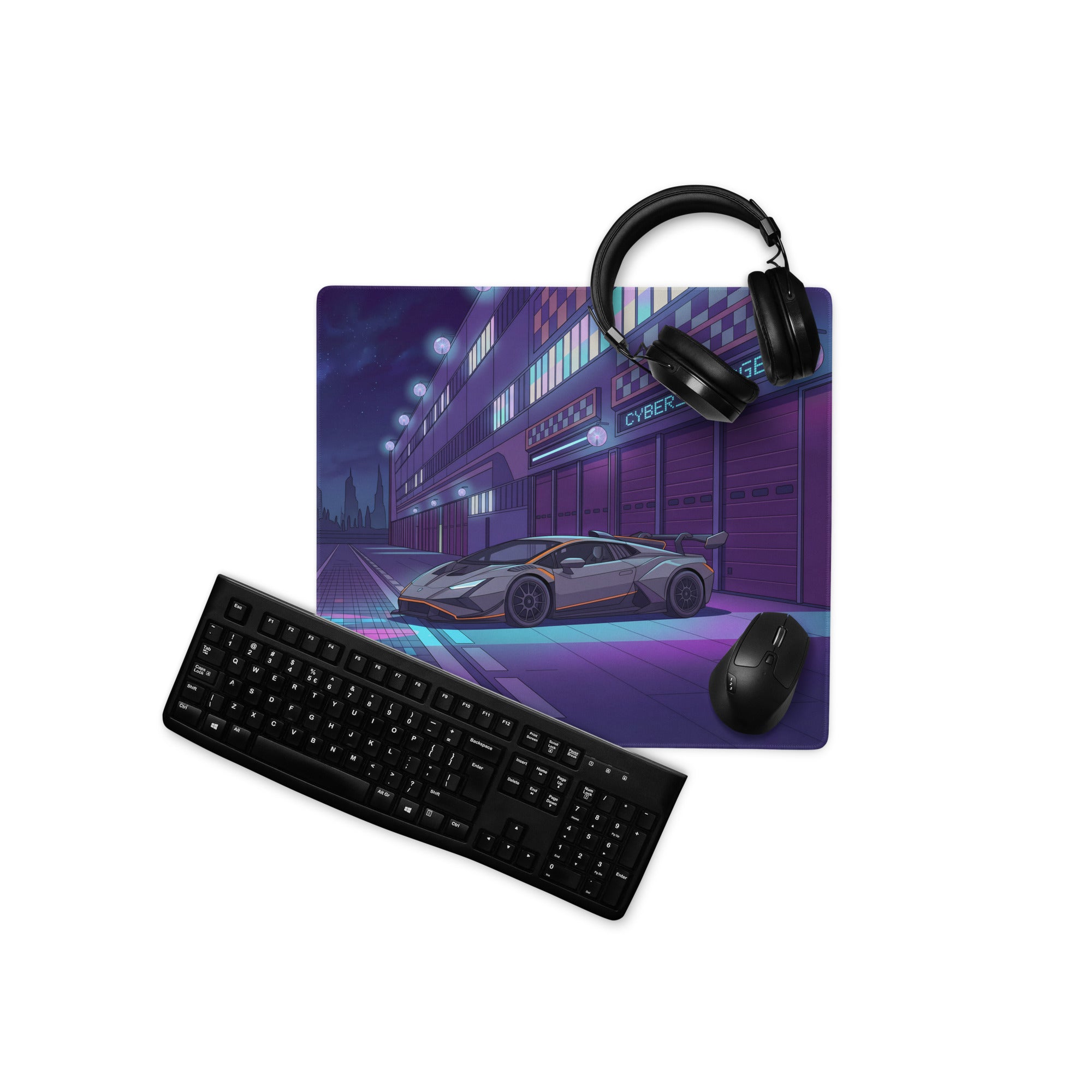 Lamborghini Huracán STO GT3 Inspired Silver Purple Vaporwave Gaming Mouse Pad – Neon Cyberpunk Garage Desk Mat, Futuristic Night City Anime Style Automotive Artwork