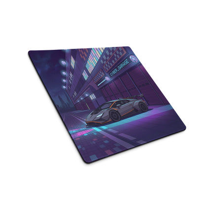 Lamborghini Huracán STO GT3 Inspired Silver Purple Vaporwave Gaming Mouse Pad – Neon Cyberpunk Garage Desk Mat, Futuristic Night City Anime Style Automotive Artwork