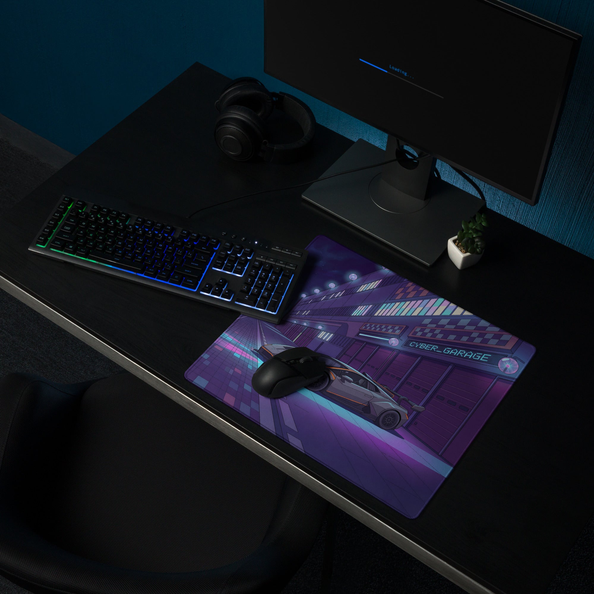 Lamborghini Huracán STO GT3 Inspired Silver Purple Vaporwave Gaming Mouse Pad – Neon Cyberpunk Garage Desk Mat, Futuristic Night City Anime Style Automotive Artwork