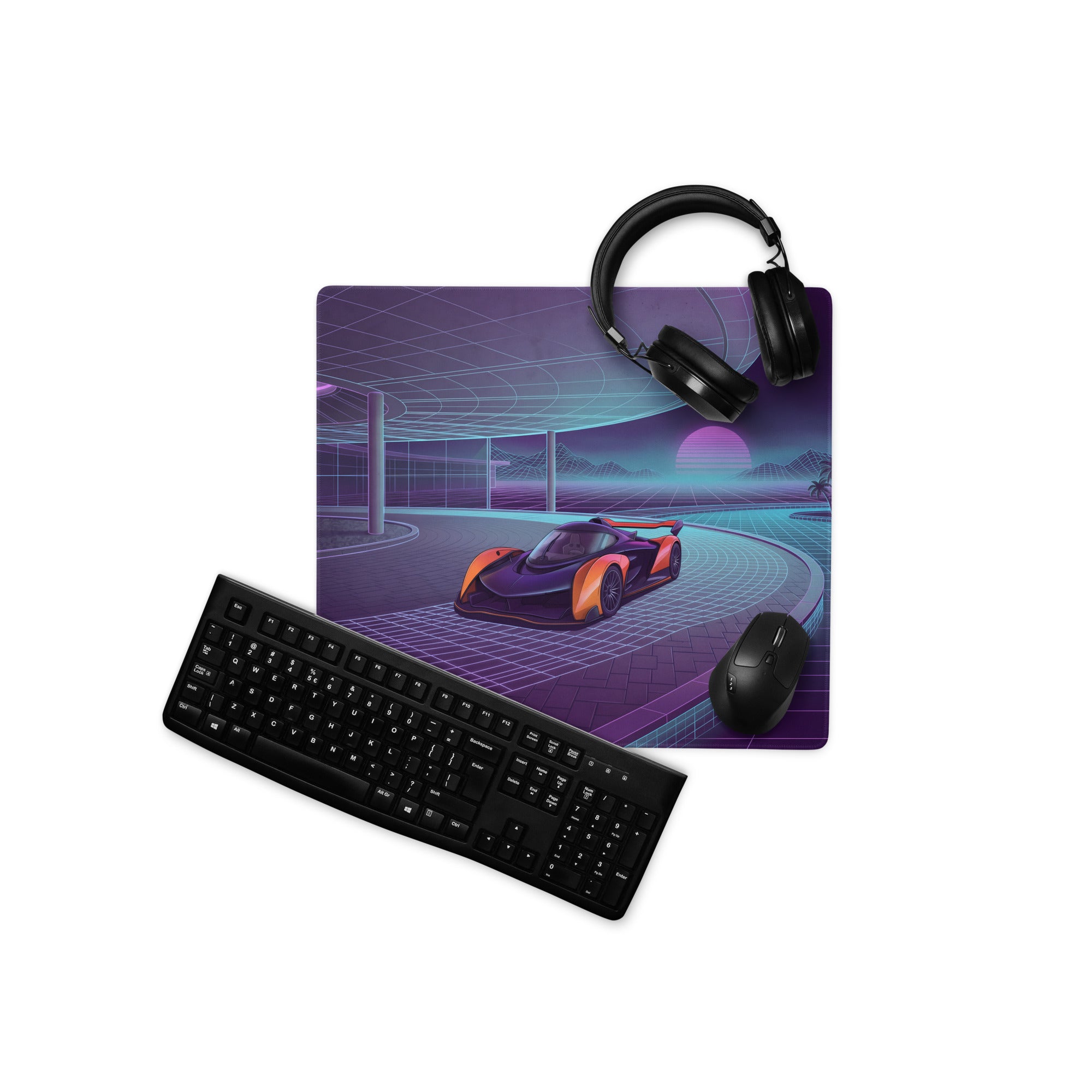 McLaren Solus GT Inspired Orange Purple Vaporwave Gaming Mouse Pad – Neon Retro Futuristic Grid Road Desk Mat with Synthwave Sunset Palm Tree Art