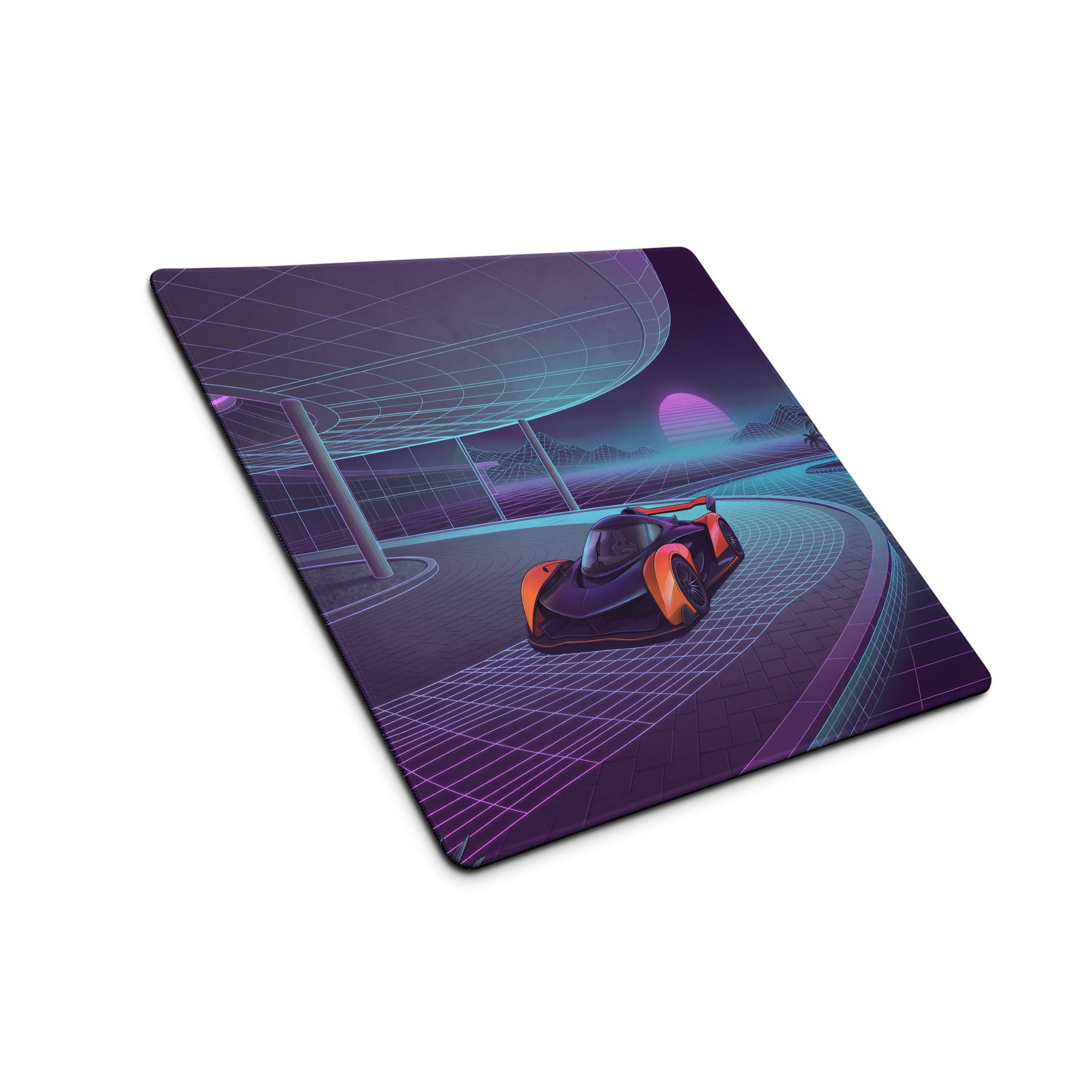 McLaren Solus GT Inspired Orange Purple Vaporwave Gaming Mouse Pad – Neon Retro Futuristic Grid Road Desk Mat with Synthwave Sunset Palm Tree Art