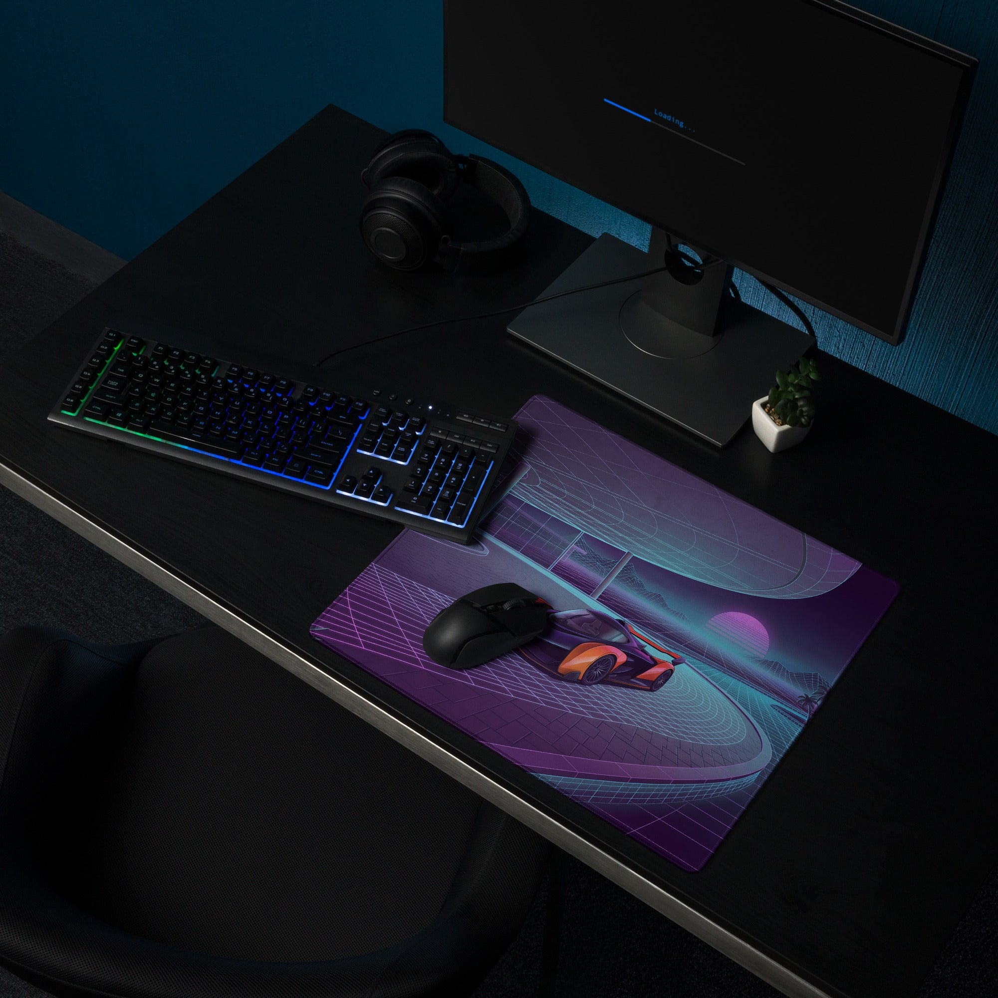 McLaren Solus GT Inspired Orange Purple Vaporwave Gaming Mouse Pad – Neon Retro Futuristic Grid Road Desk Mat with Synthwave Sunset Palm Tree Art