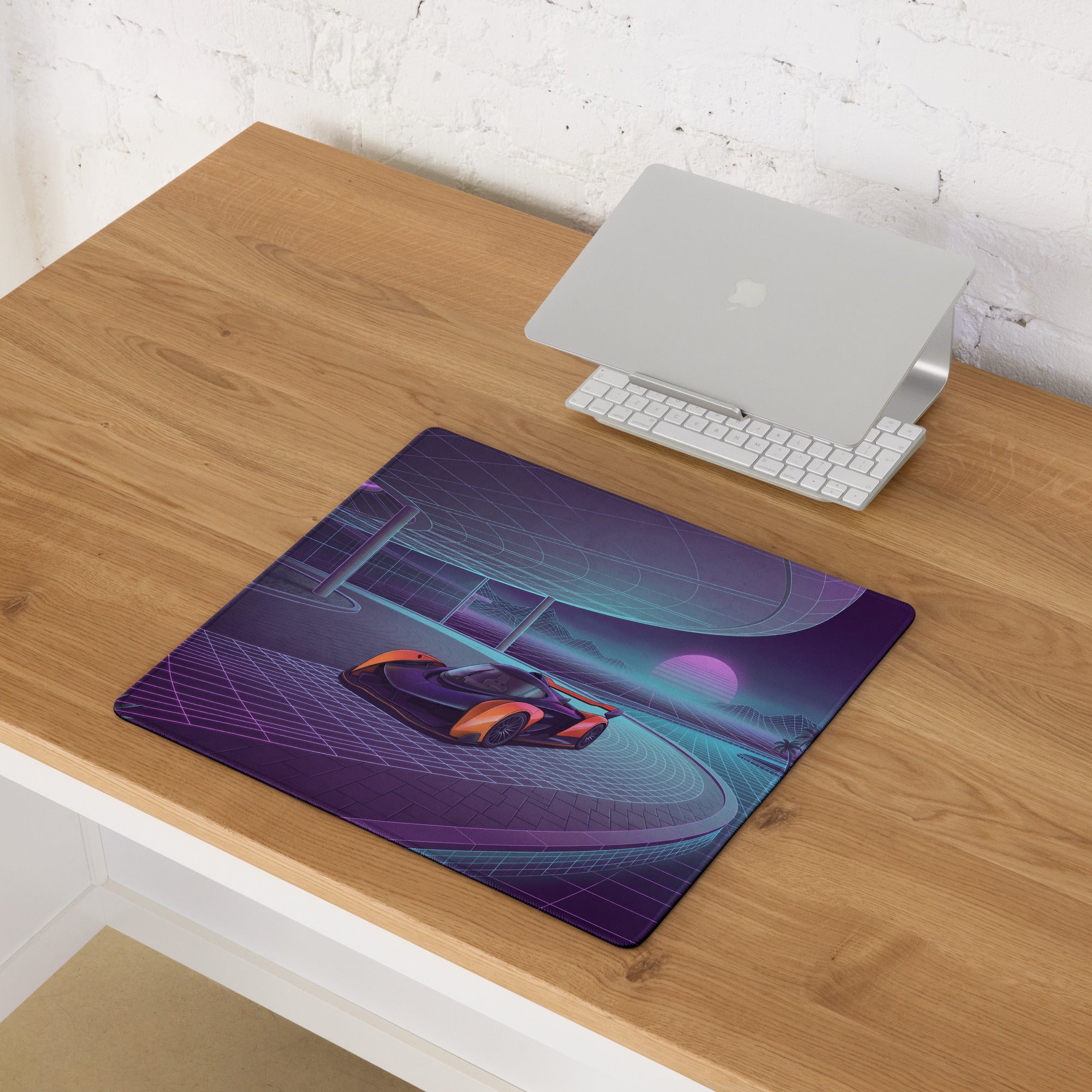 McLaren Solus GT Inspired Orange Purple Vaporwave Gaming Mouse Pad – Neon Retro Futuristic Grid Road Desk Mat with Synthwave Sunset Palm Tree Art