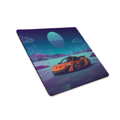 McLaren P1 Inspired Orange Purple Vaporwave Gaming Mouse Pad – Neon Futuristic City Skyline Desk Mat with Geometric Mountains and Retro Synthwave Art