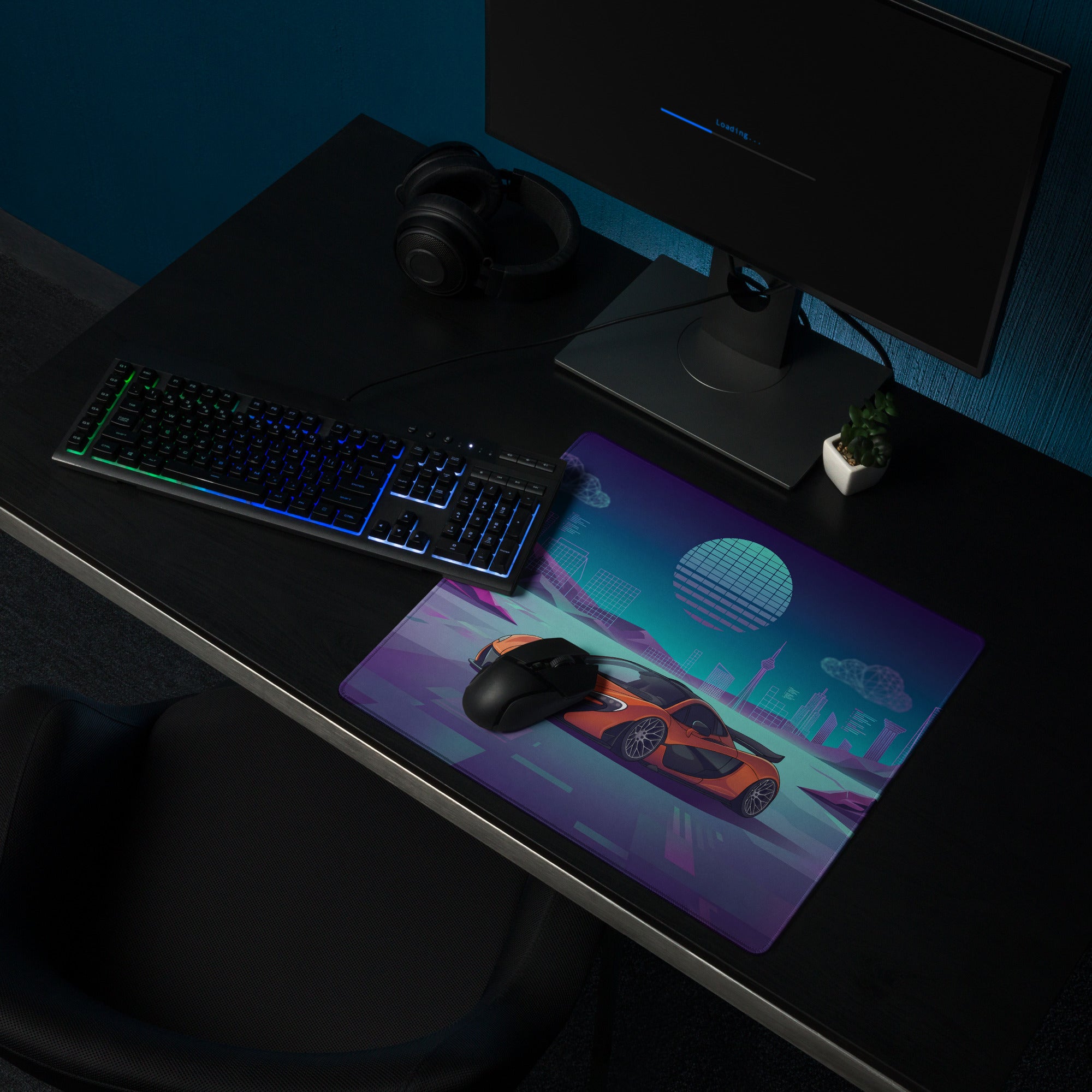 McLaren P1 Inspired Orange Purple Vaporwave Gaming Mouse Pad – Neon Futuristic City Skyline Desk Mat with Geometric Mountains and Retro Synthwave Art