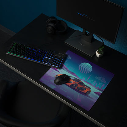 McLaren P1 Inspired Orange Purple Vaporwave Gaming Mouse Pad – Neon Futuristic City Skyline Desk Mat with Geometric Mountains and Retro Synthwave Art