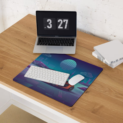 McLaren P1 Inspired Orange Purple Vaporwave Gaming Mouse Pad – Neon Futuristic City Skyline Desk Mat with Geometric Mountains and Retro Synthwave Art