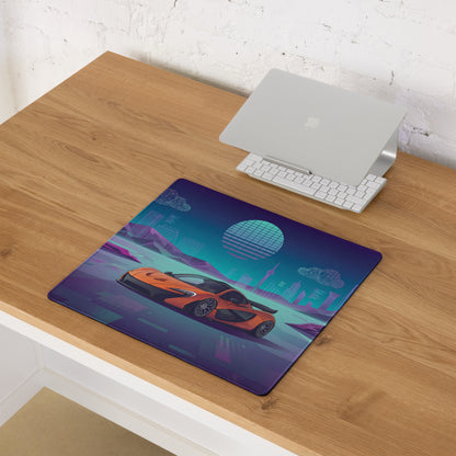 McLaren P1 Inspired Orange Purple Vaporwave Gaming Mouse Pad – Neon Futuristic City Skyline Desk Mat with Geometric Mountains and Retro Synthwave Art
