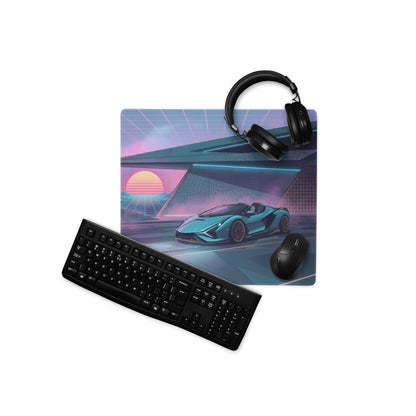 Lamborghini Sián Roadster Inspired Cyan Purple Vaporwave Gaming Mouse Pad – Neon Futuristic Garage Desk Mat with Synthwave Sunset and Retro Grid Art
