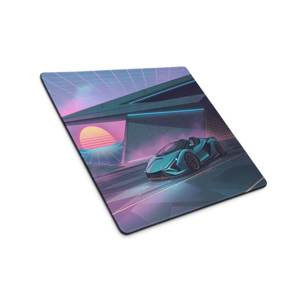 Lamborghini Sián Roadster Inspired Cyan Purple Vaporwave Gaming Mouse Pad – Neon Futuristic Garage Desk Mat with Synthwave Sunset and Retro Grid Art