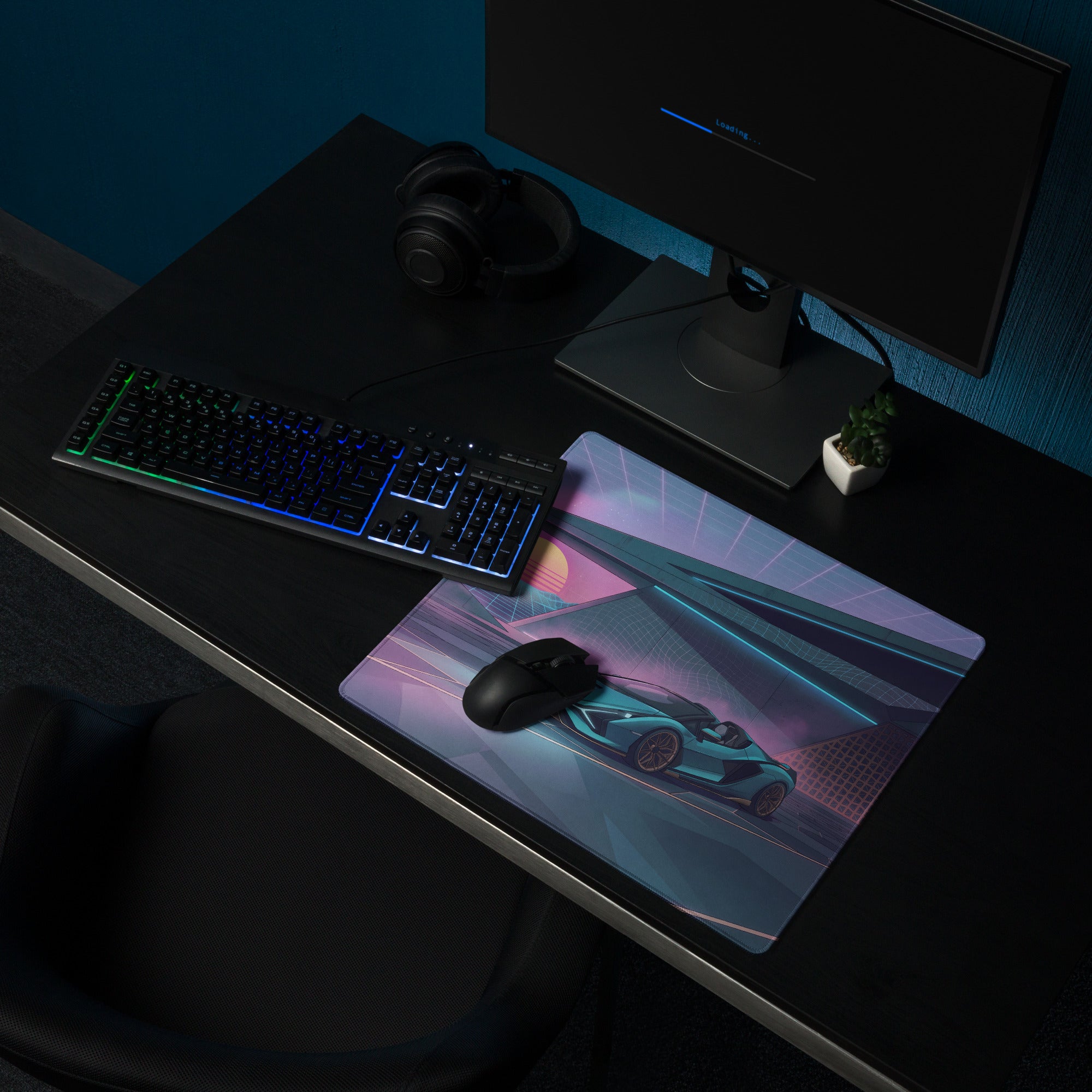 Lamborghini Sián Roadster Inspired Cyan Purple Vaporwave Gaming Mouse Pad – Neon Futuristic Garage Desk Mat with Synthwave Sunset and Retro Grid Art