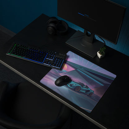 Lamborghini Sián Roadster Inspired Cyan Purple Vaporwave Gaming Mouse Pad – Neon Futuristic Garage Desk Mat with Synthwave Sunset and Retro Grid Art