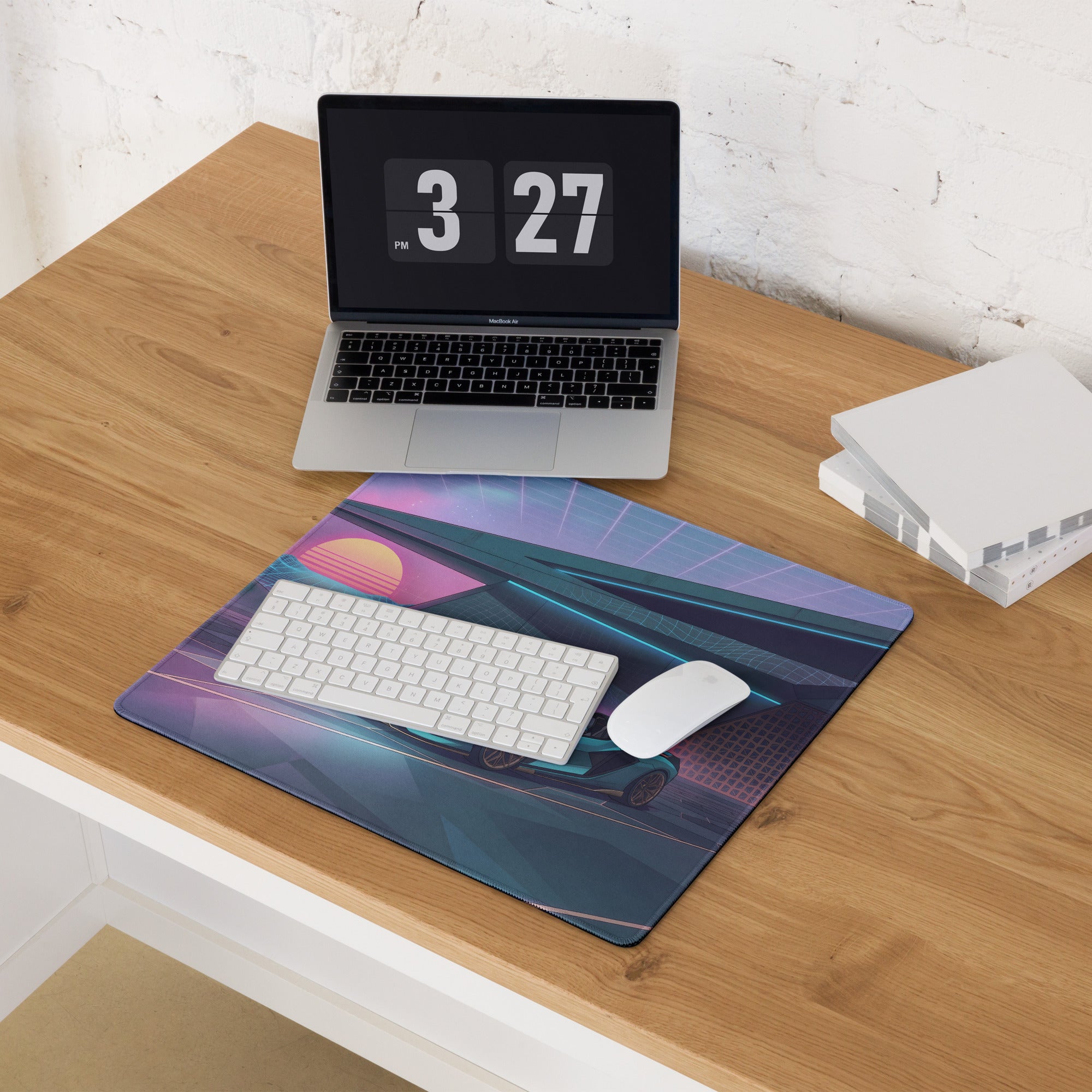 Lamborghini Sián Roadster Inspired Cyan Purple Vaporwave Gaming Mouse Pad – Neon Futuristic Garage Desk Mat with Synthwave Sunset and Retro Grid Art