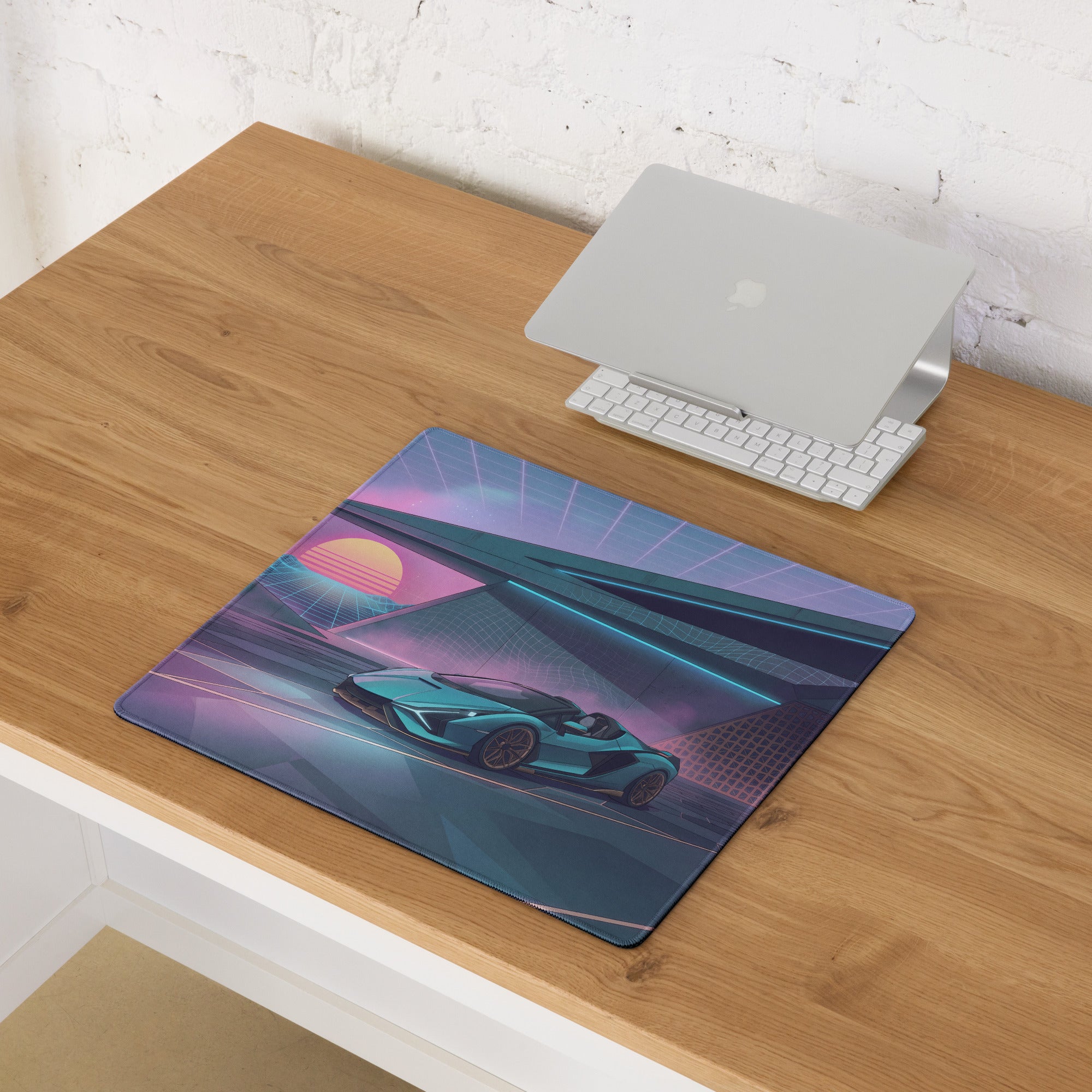 Lamborghini Sián Roadster Inspired Cyan Purple Vaporwave Gaming Mouse Pad – Neon Futuristic Garage Desk Mat with Synthwave Sunset and Retro Grid Art