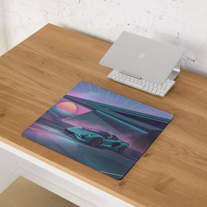 Lamborghini Sián Roadster Inspired Cyan Purple Vaporwave Gaming Mouse Pad – Neon Futuristic Garage Desk Mat with Synthwave Sunset and Retro Grid Art