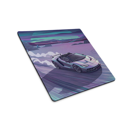 Lamborghini Centenario Roadster Inspired Silver Cyan Vaporwave Gaming Mouse Pad – Retro Futuristic Racing Desk Mat with Neon Grid Mountains and Dreamy Synthwave Artwork
