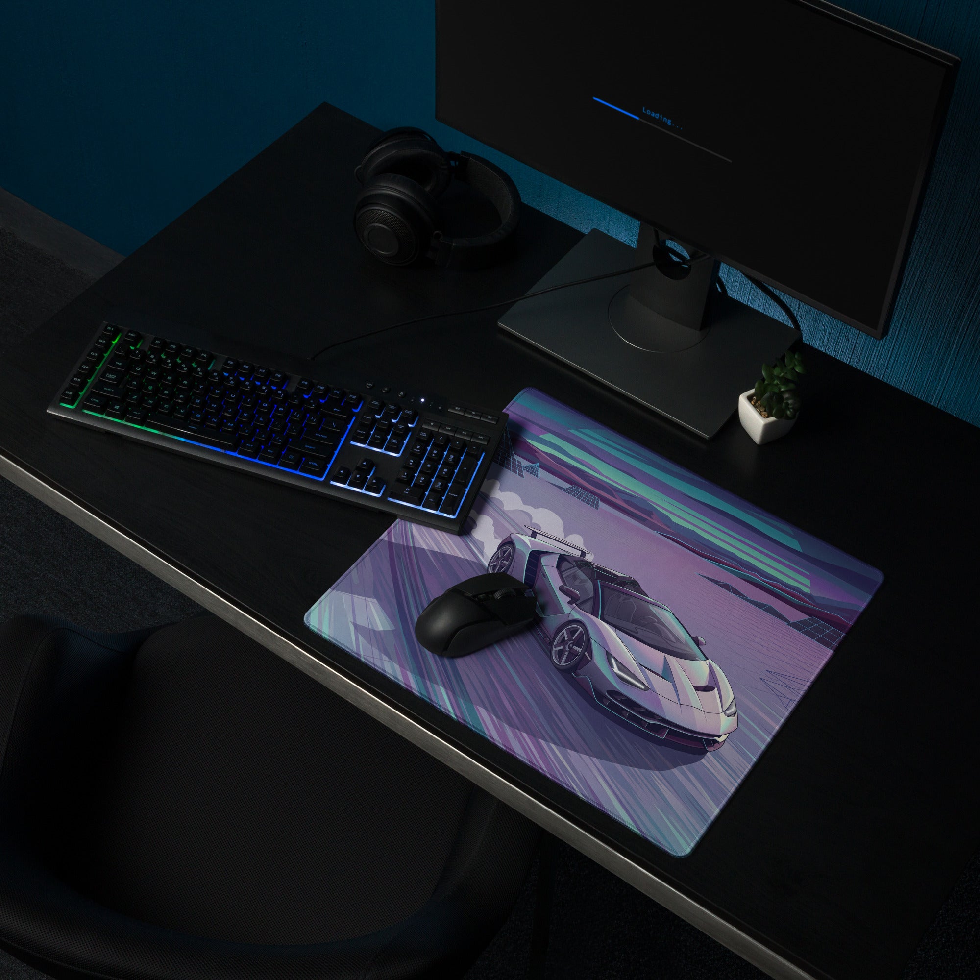 Lamborghini Centenario Roadster Inspired Silver Cyan Vaporwave Gaming Mouse Pad – Retro Futuristic Racing Desk Mat with Neon Grid Mountains and Dreamy Synthwave Artwork